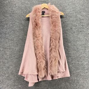 Questions Vest Women S/M Pink Knit Open Front Sleeveless Fur Trim Casual Solid